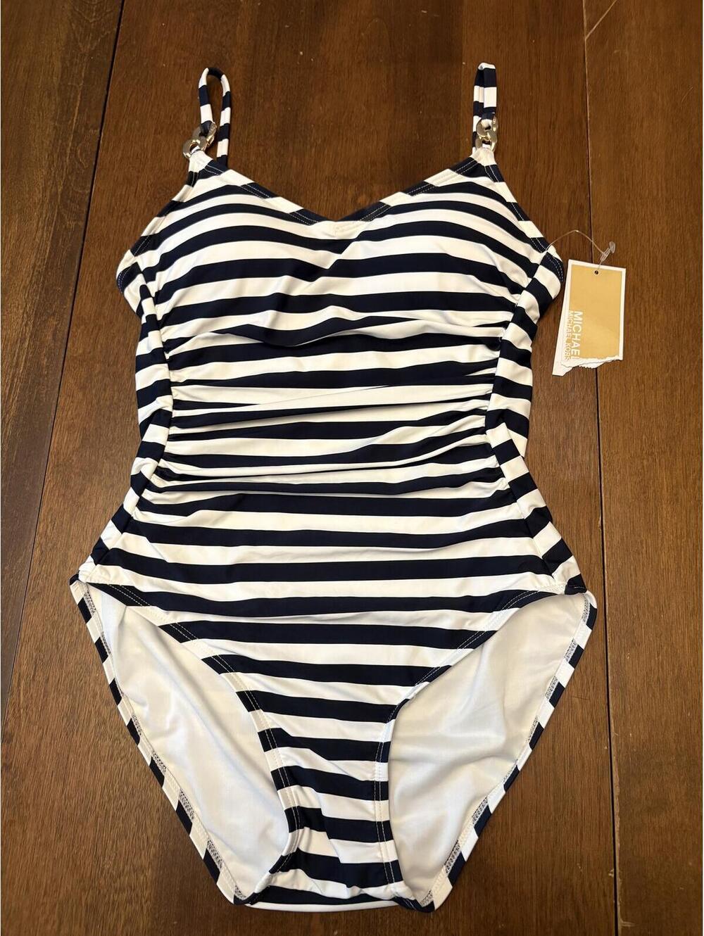 Michael Kors  Striped One-Piece Swimsuit with Gold Accents NWT